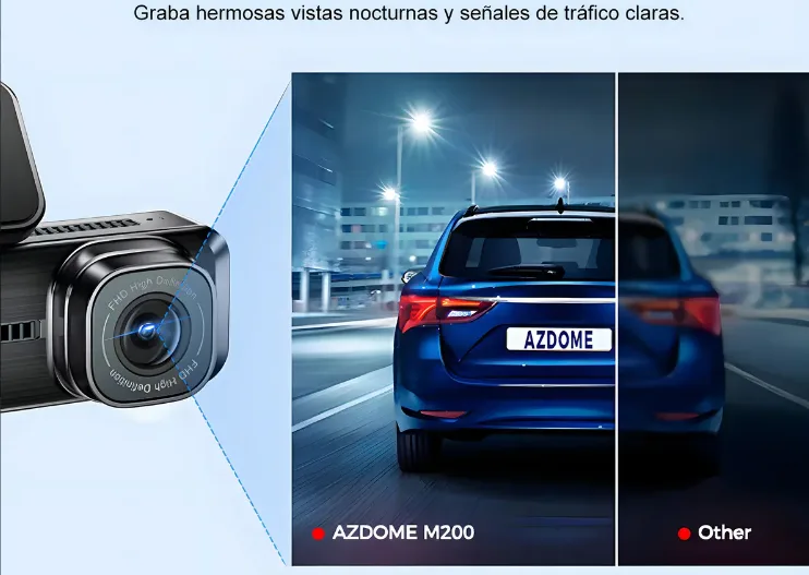 Imagen promocional de una cámara M200 para auto con comparación de grabación nocturna